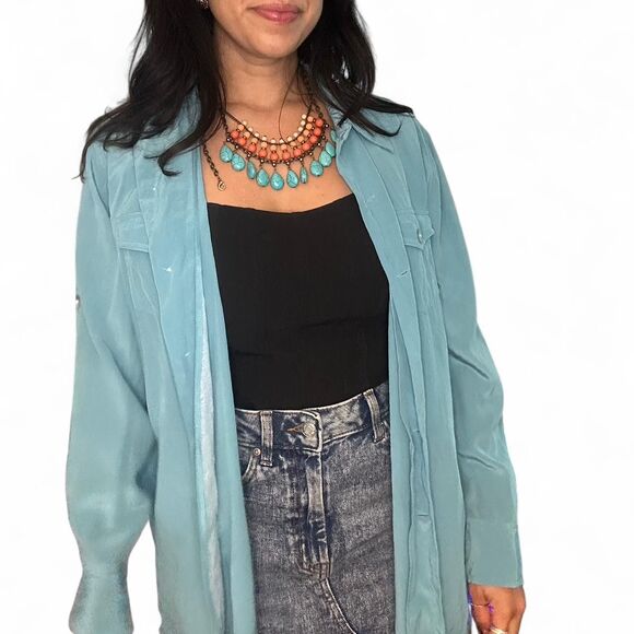 Vintage Teal Blue Sutton Studios 100% Silk Button Up Blouse - Picture 8 of 8